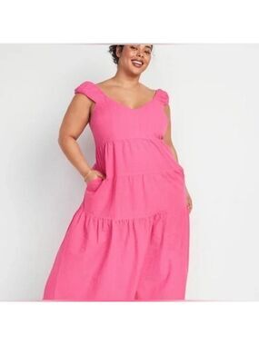Old Navy Tiered Barbiecore Pink Seersucker Summer Garden Party Maxi Dress 3X